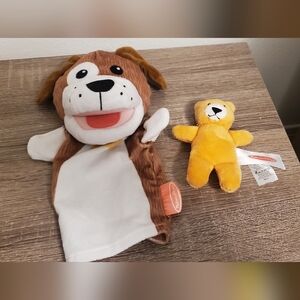 Melissa & Doug Brown and White Dog Puppet with Orange Bear Plush
